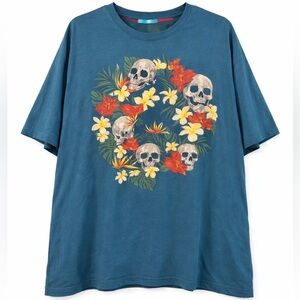 Robert Graham Skull Floral Graphic Tee 4XL Blue Cotton T-Shirt